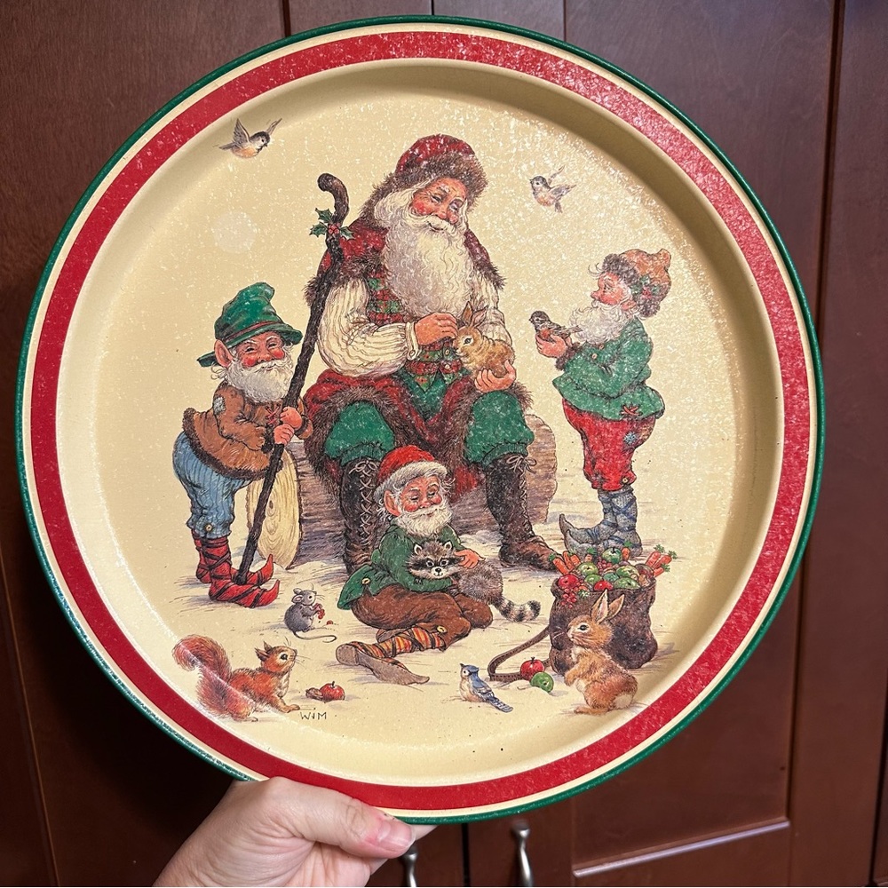 SALE!! Vintage metallic flecked Santa and Woodland Elves Tray platter